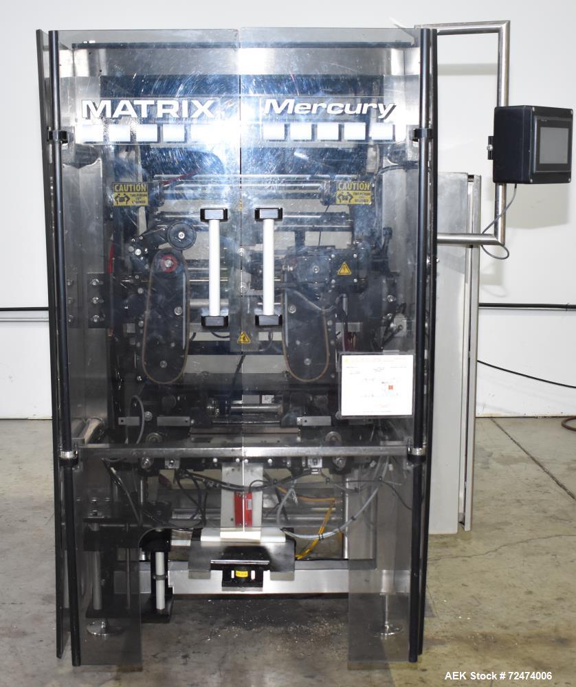 Used Matrix Packaging Mercury HS High Speed Vertical, Form, Fill and Seal Machine. Capable of speeds up to 140 BPM. Bag size range: 1.75" - 11" (Width) x 2.5" - 15" (Length). Has side belt pull downs...